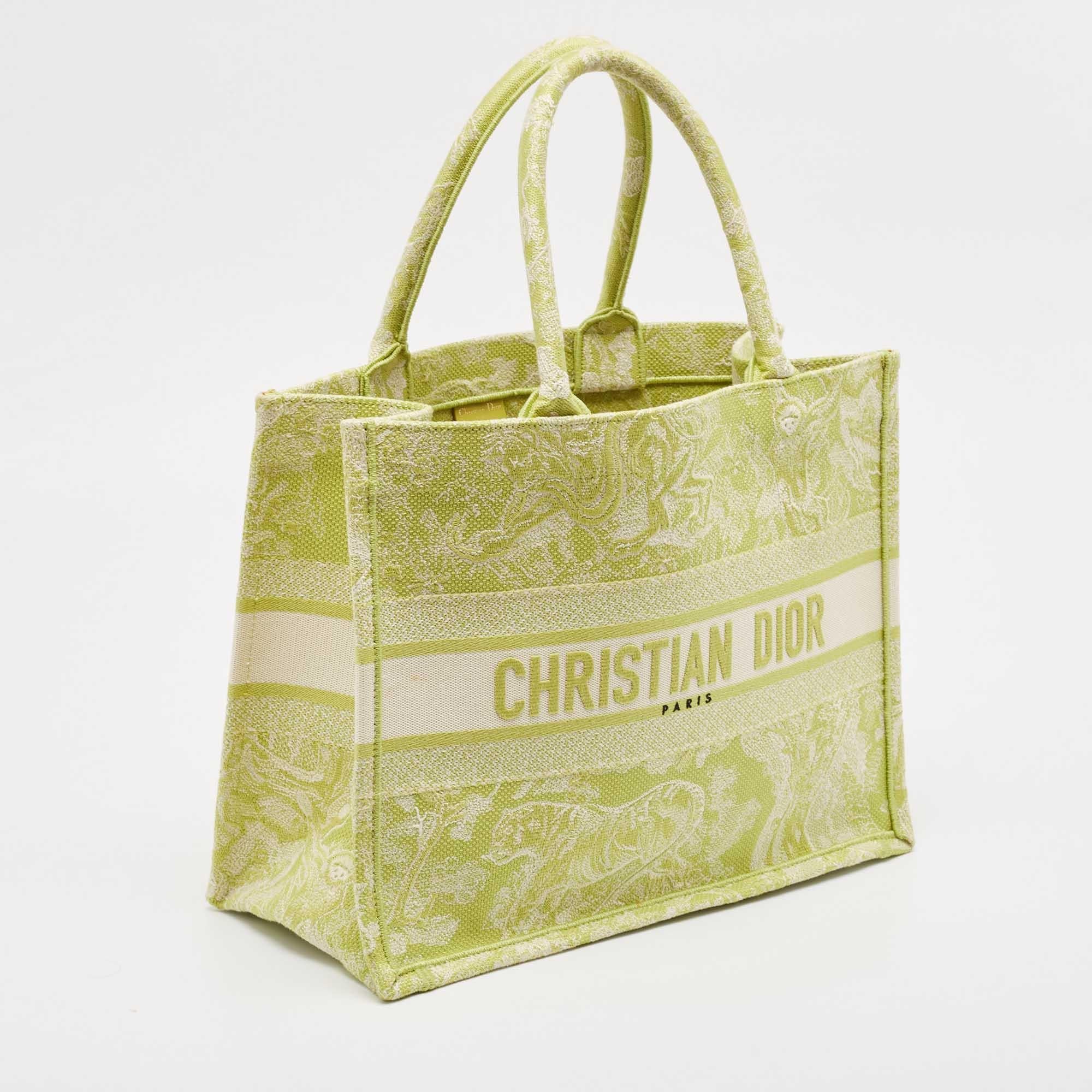 Beige Dior Green/White Embroidered Canvas Medium Toile De Jouy Book Tote