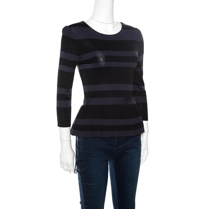 Dior Grey and Black Striped Knit Long Sleeve Peplum Top S In Good Condition In Dubai, Al Qouz 2