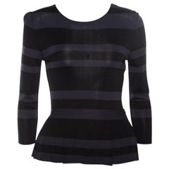 Dior Grey and Black Striped Knit Long Sleeve Peplum Top S