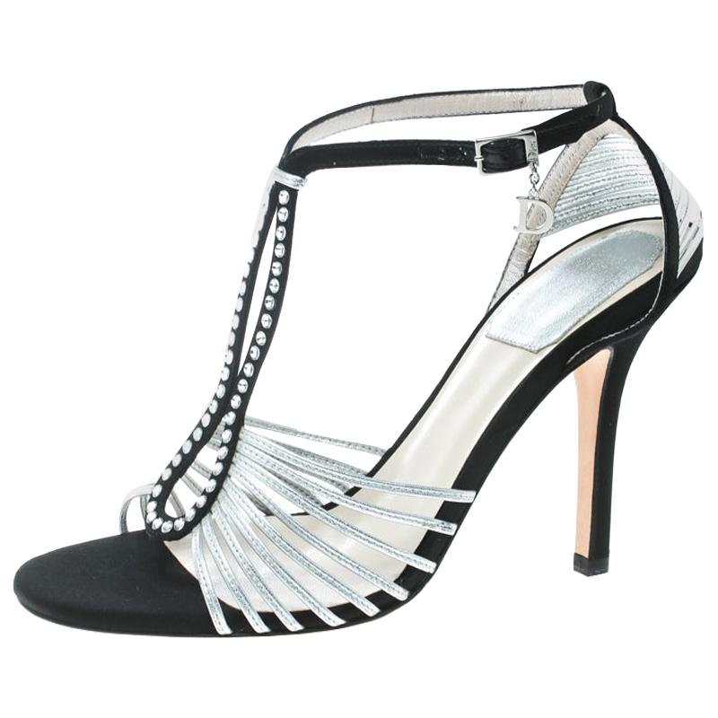 Dior Grey/Black Leather and Satin Crystal Embellished Strappy Sandals Size 36