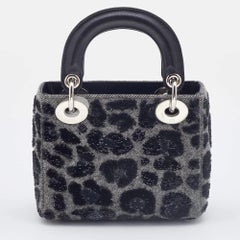 Dior Grey/Black Leopard Sequin, Leather and Wool Mini Lady Dior Tote