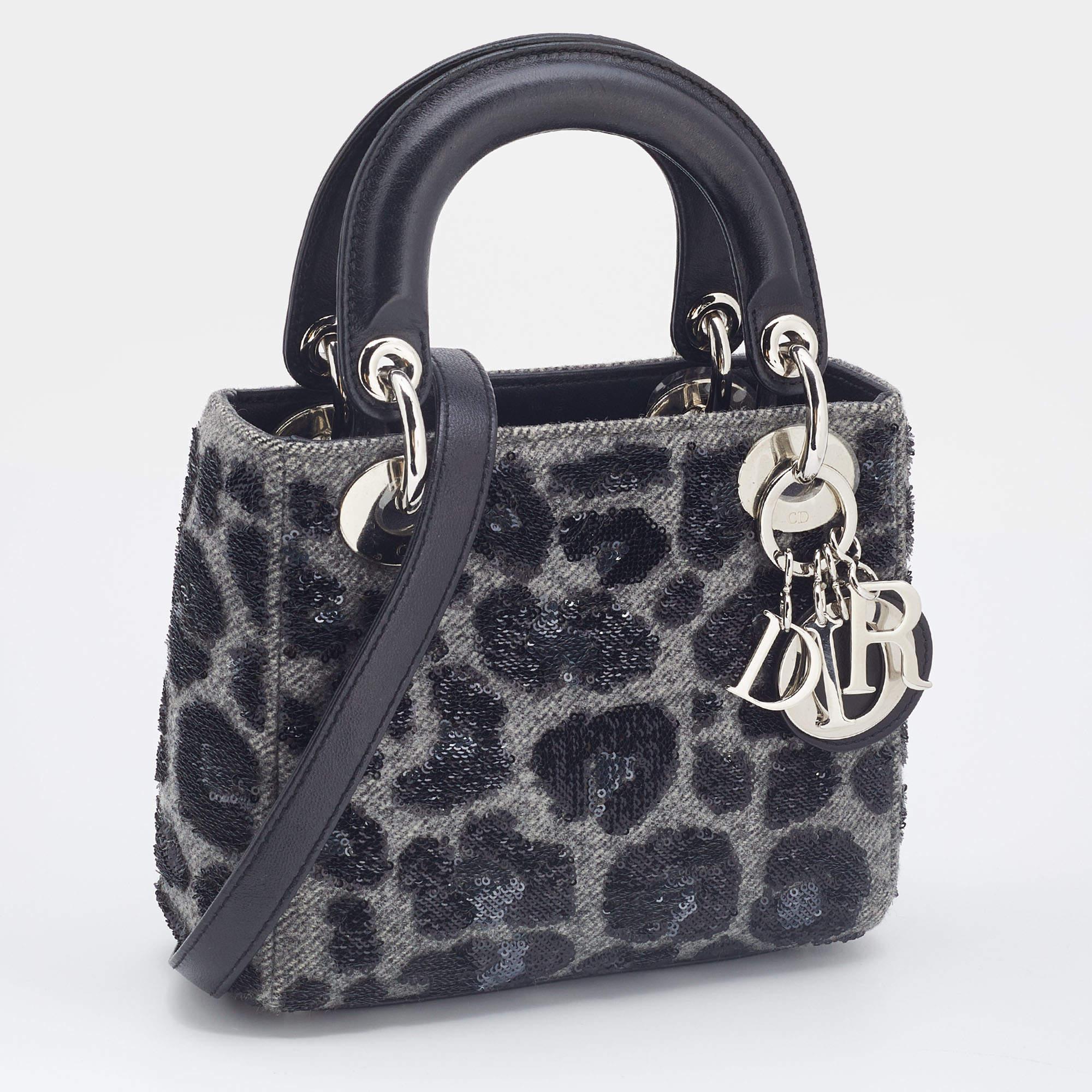 Women's Dior Grey/Black Leopard Sequin, Leather and Wool Mini Lady Dior Tote