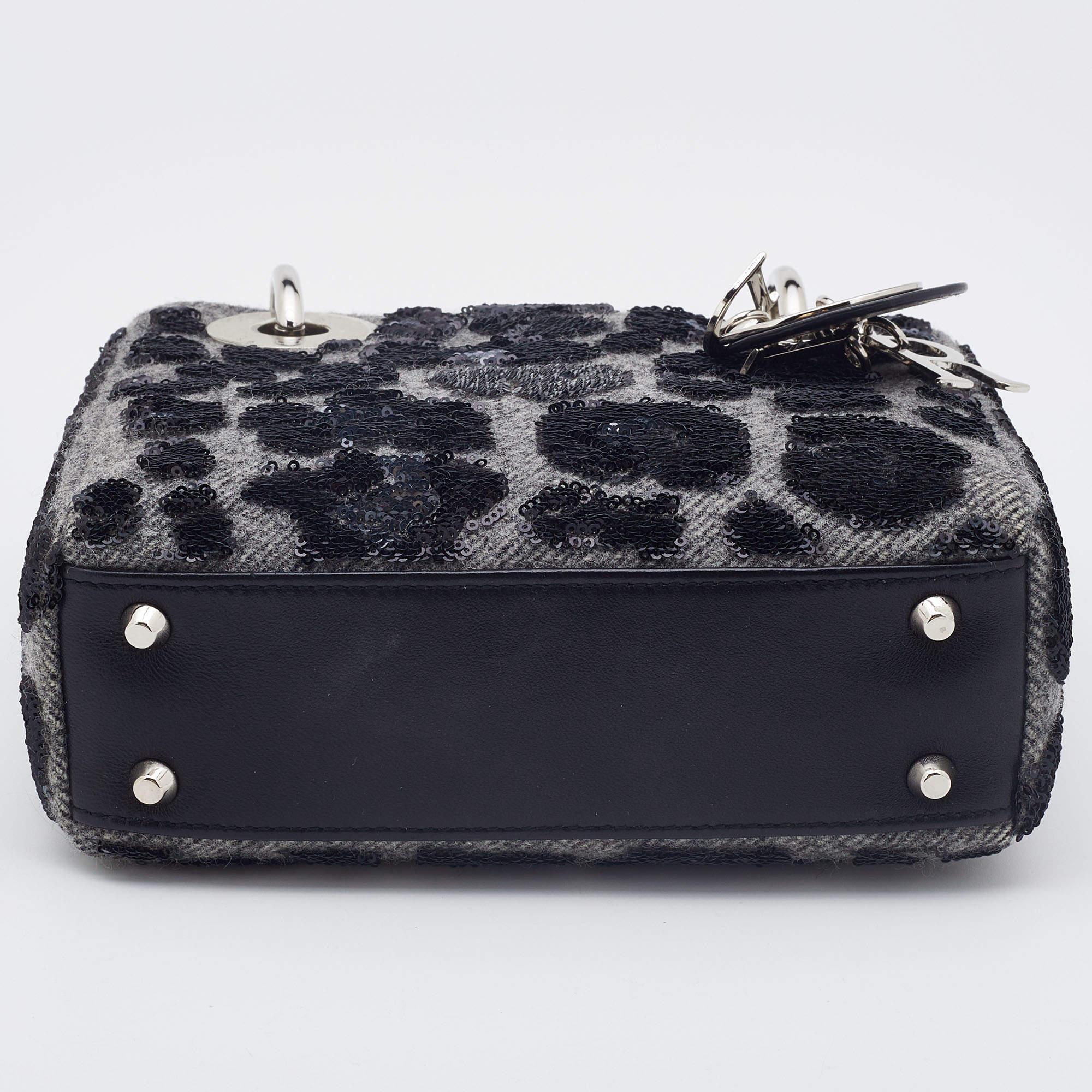 Dior Grey/Black Leopard Sequin, Leather and Wool Mini Lady Dior Tote 1