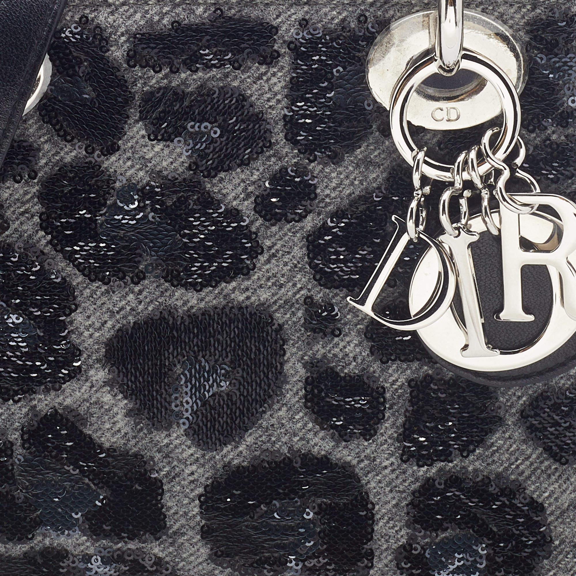 Dior Grey/Black Leopard Sequin, Leather and Wool Mini Lady Dior Tote 3