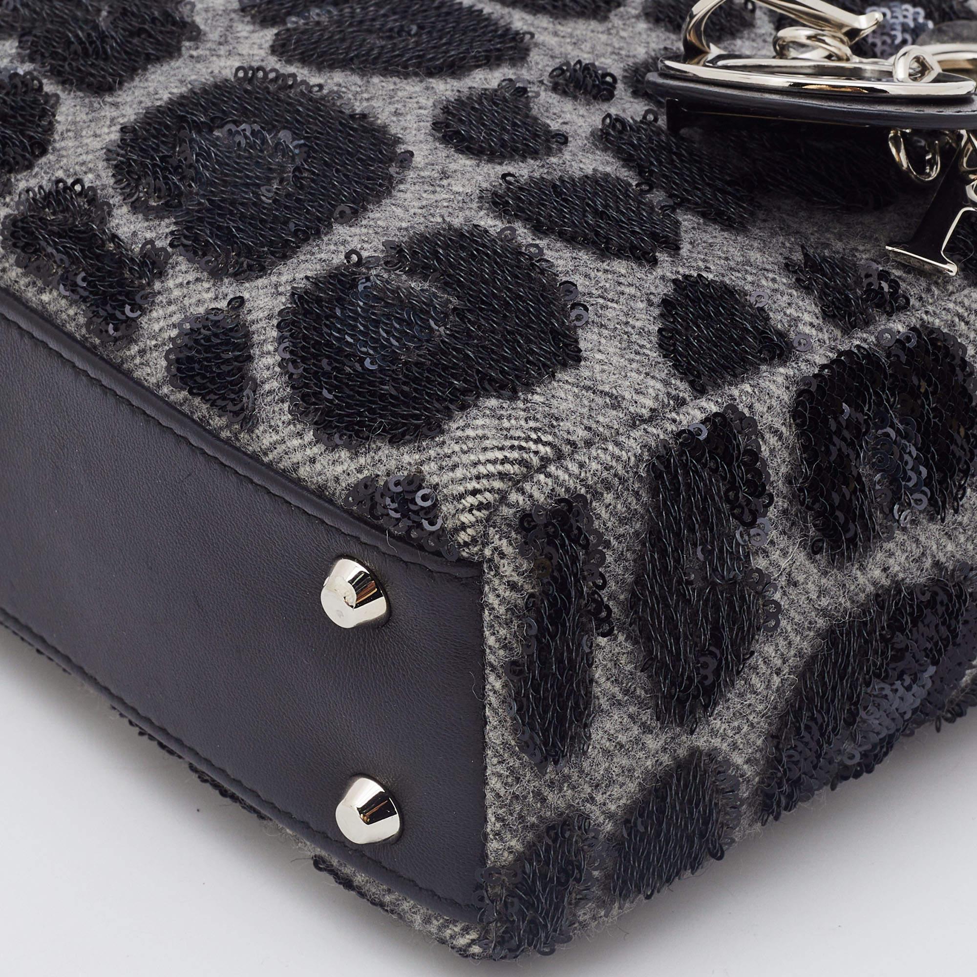 Dior Grey/Black Leopard Sequin, Leather and Wool Mini Lady Dior Tote 4
