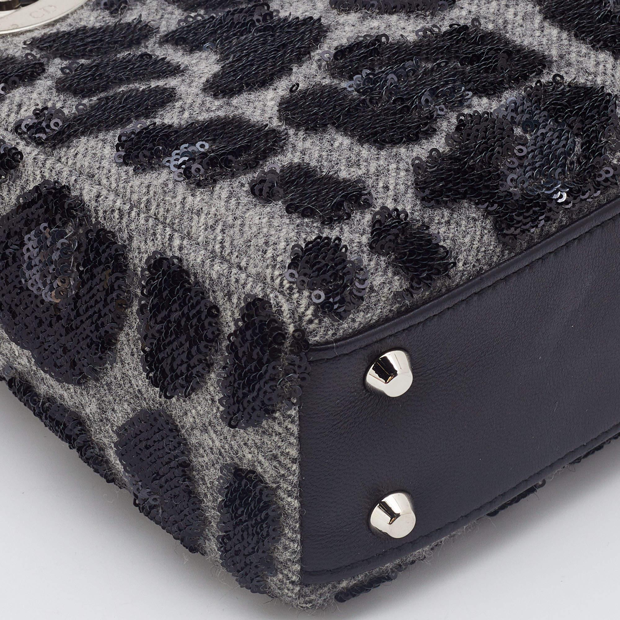 Dior Grey/Black Leopard Sequin, Leather and Wool Mini Lady Dior Tote 5