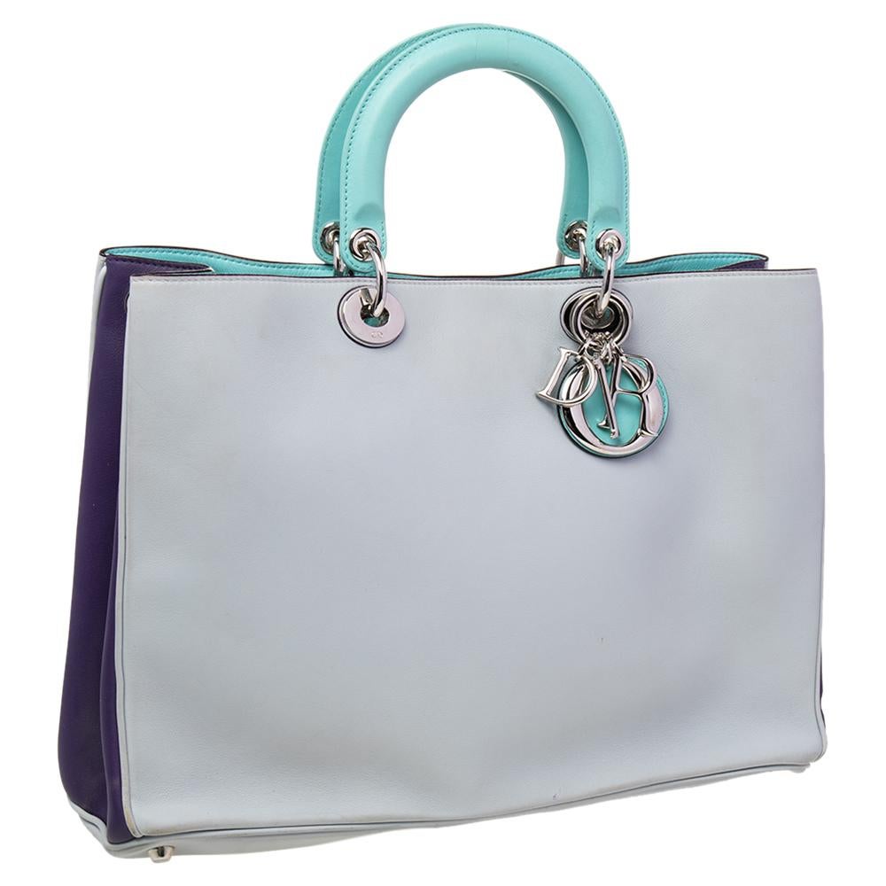 Gray Dior Grey/Blue Leather Lady Dior Tote