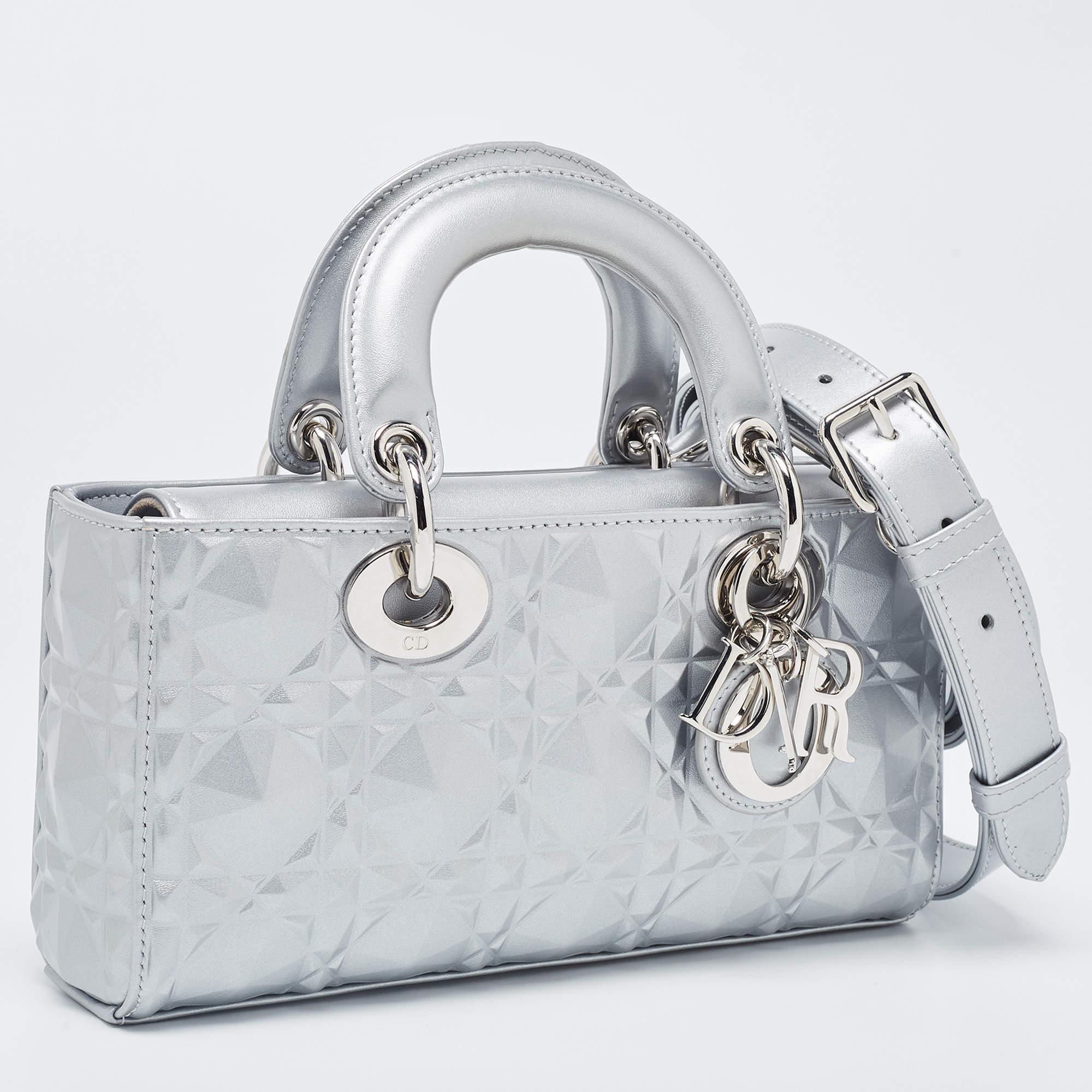 Dior Grey Cannage Diamond Leather Small Lady D-Joy Tote In Excellent Condition In Dubai, Al Qouz 2