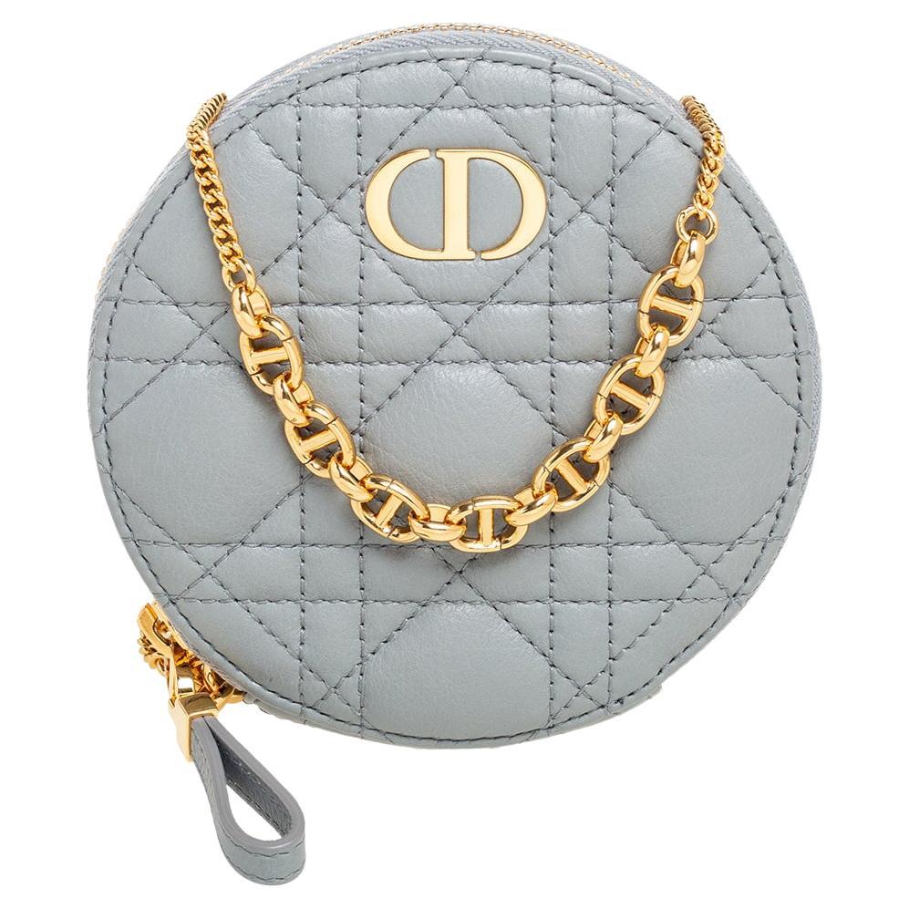 Dior Grey Cannage Leather Caro Round Chain Pouch