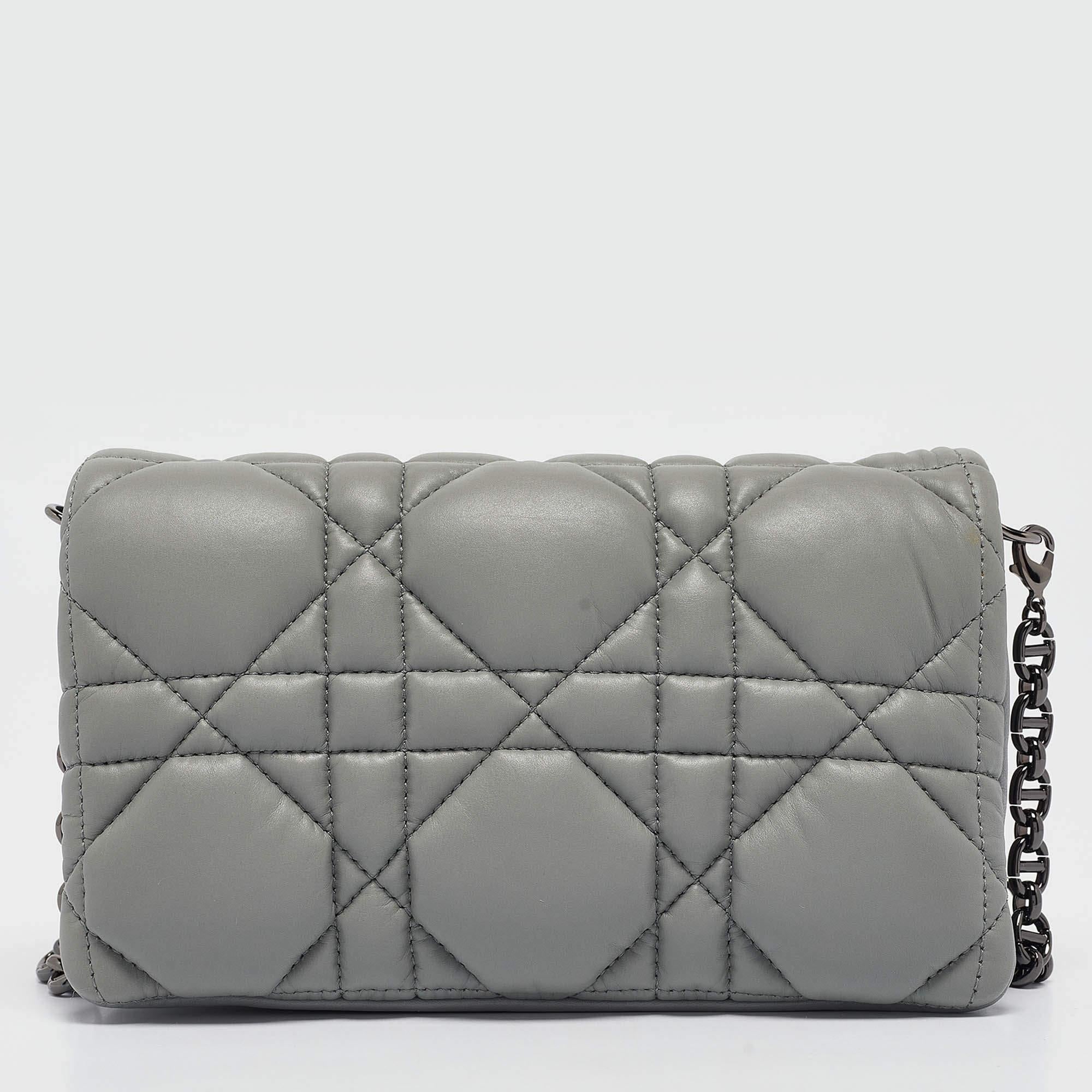 Dior Grey Cannage Leather Mini Caro Crossbody Bag In Excellent Condition For Sale In Dubai, Al Qouz 2