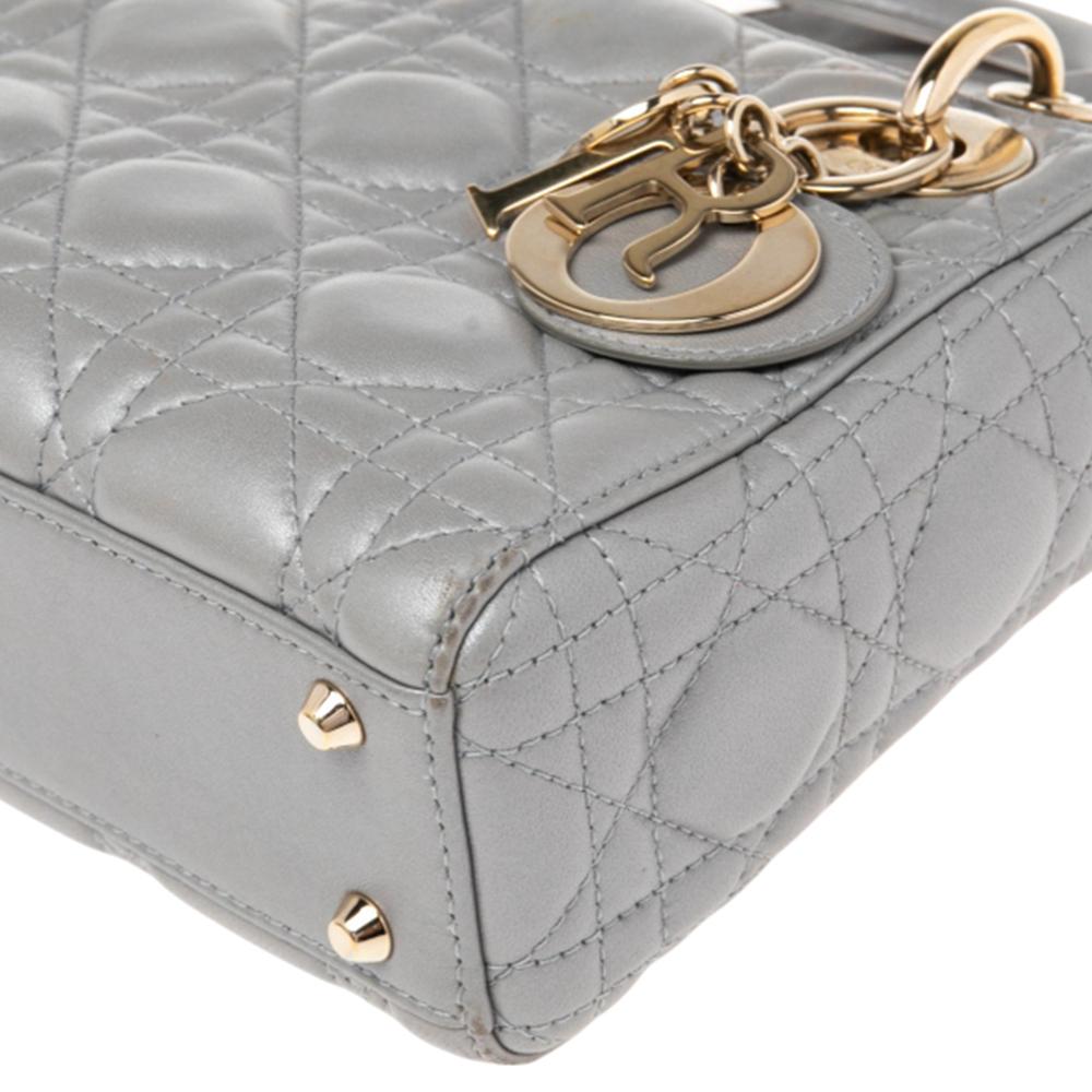 Dior Grey Cannage Leather Mini Lady Dior Tote In Good Condition In Dubai, Al Qouz 2