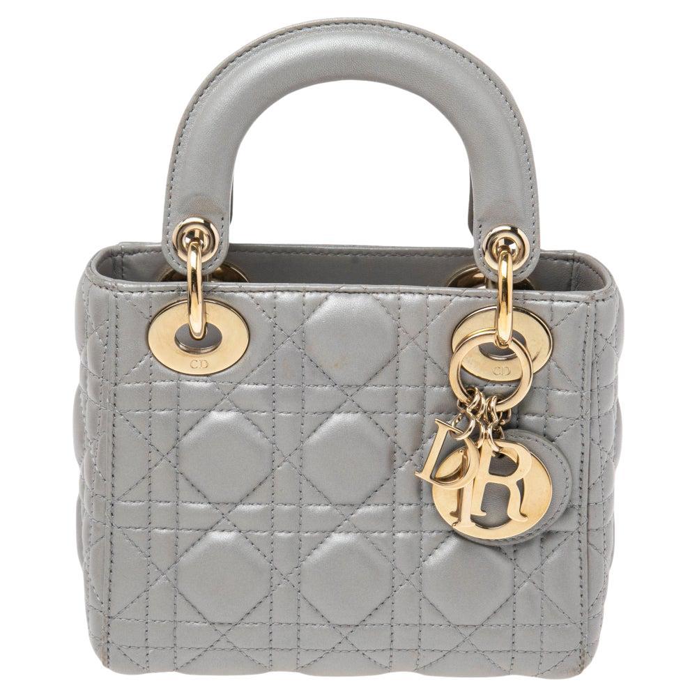 Dior Grey Cannage Leather Mini Lady Dior Tote