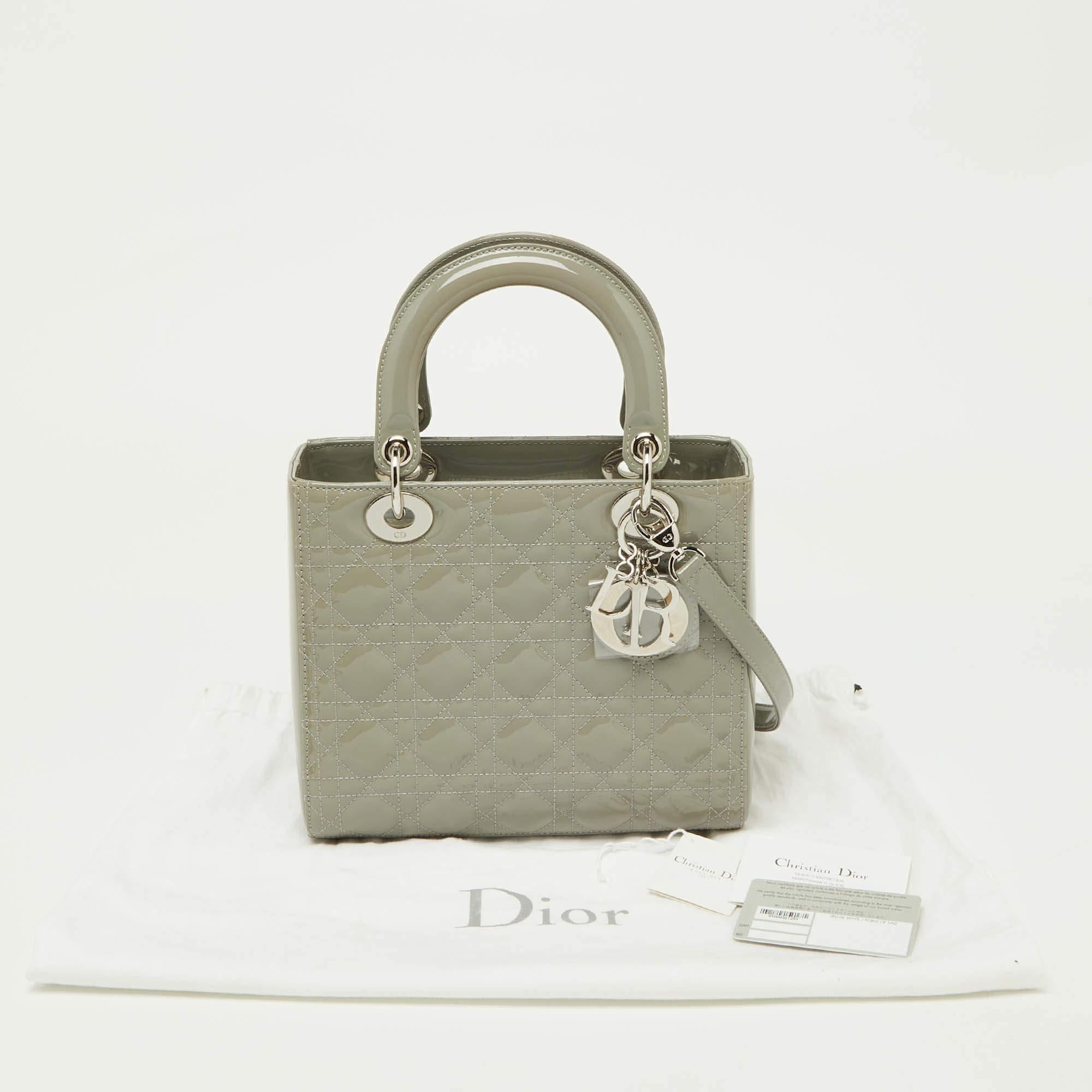 Dior Grey Cannage Patent Leather Medium Lady Dior Tote 7