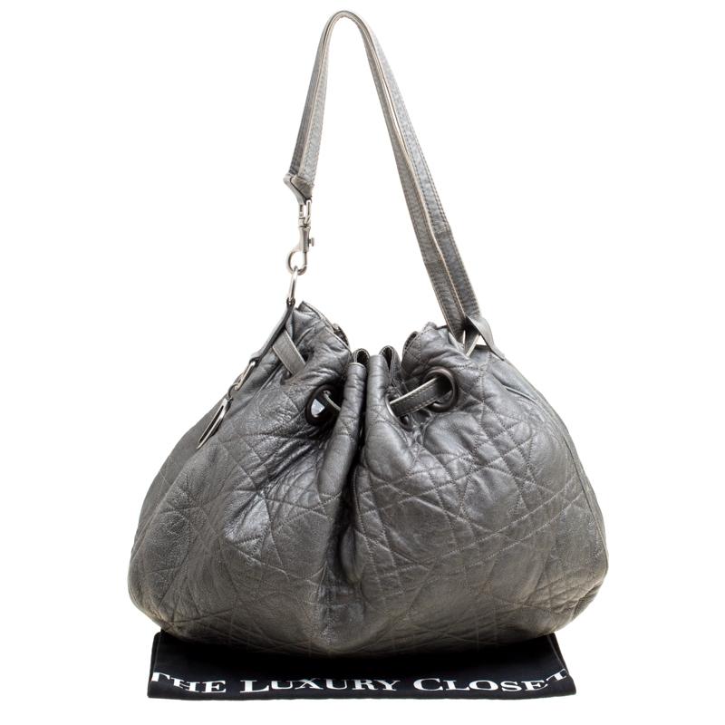 Dior Grey Cannage Quilted Leather Drawstring Bag 4