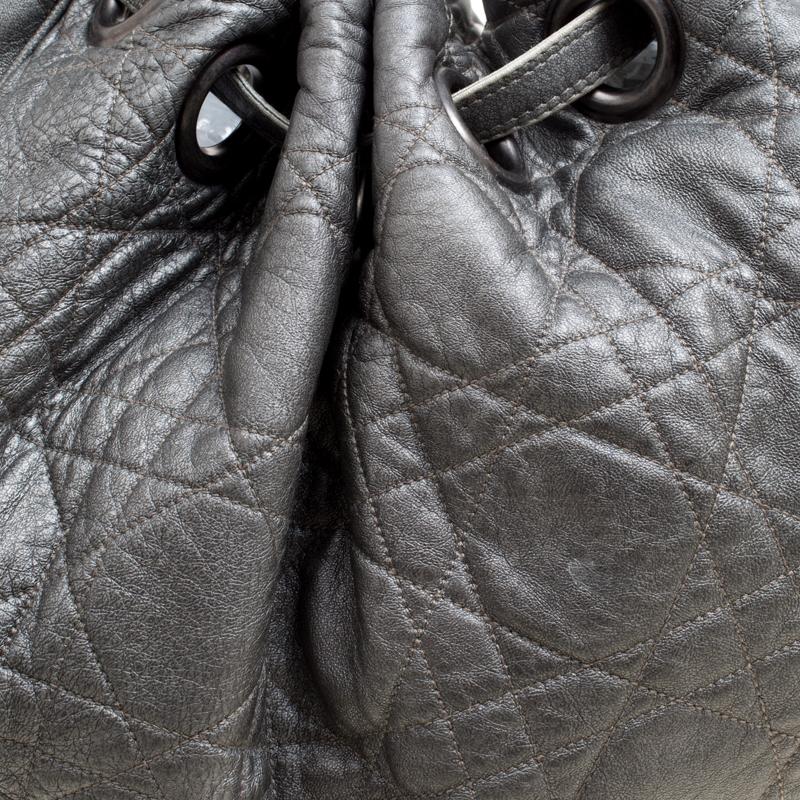 Gray Dior Grey Cannage Quilted Leather Drawstring Bag