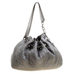 Dior Grey Cannage Quilted Leather Drawstring Bag