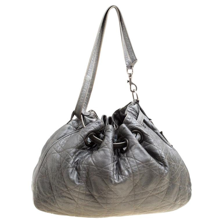 Dior Grey Cannage Quilted Leather Drawstring Bag