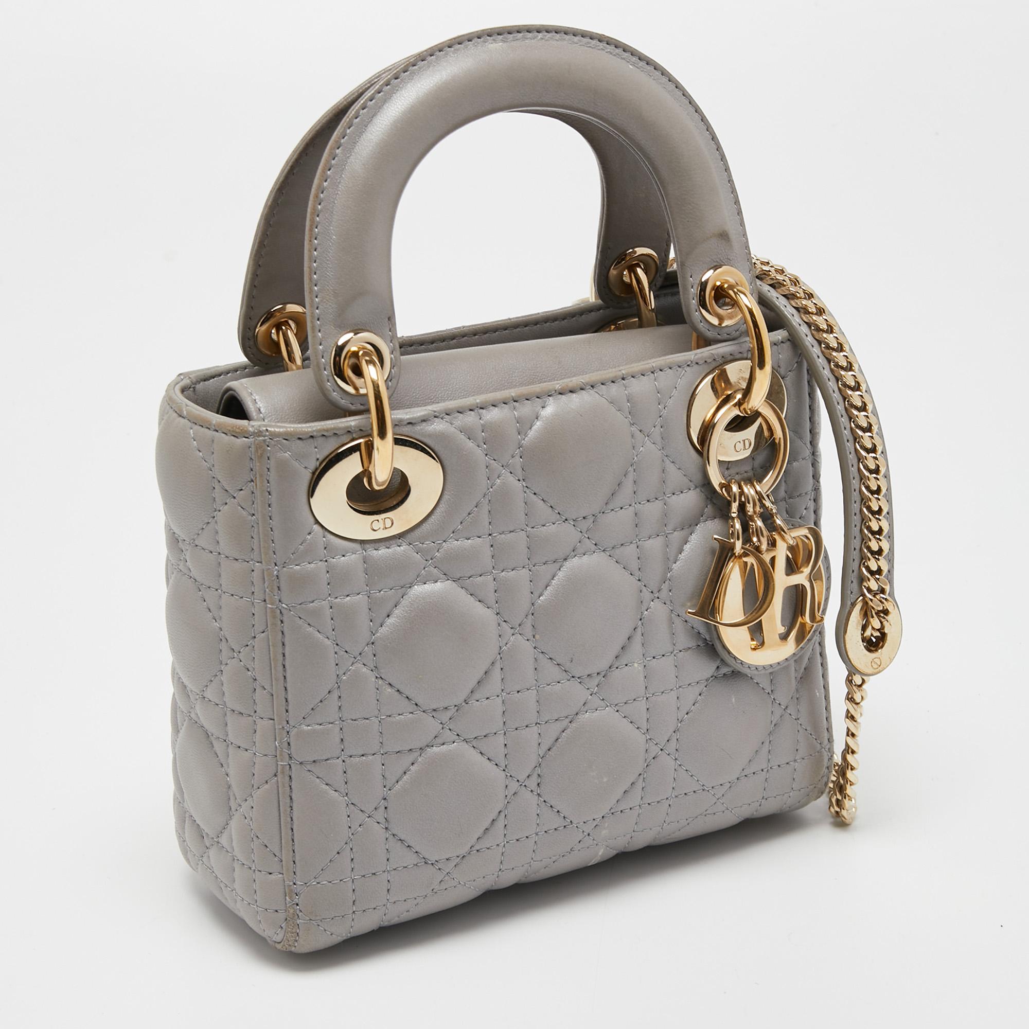 Dior Grey Cannage Quilted Leather Mini Lady Dior Bag In Fair Condition In Dubai, Al Qouz 2
