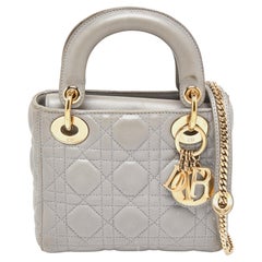 Used Dior Grey Cannage Quilted Leather Mini Lady Dior Bag
