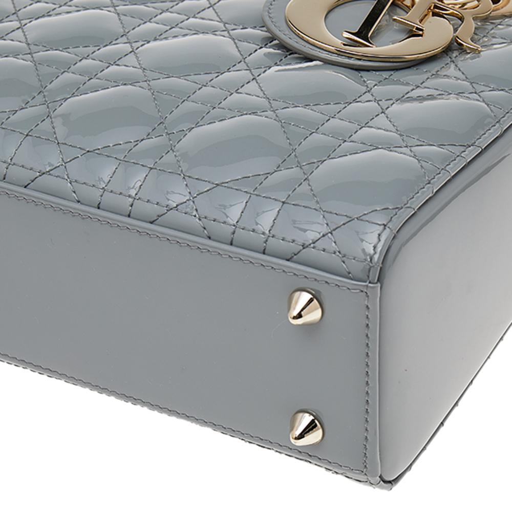 Gray Dior Grey Cannage Quilted Patent Leather Small Lady Dior Bag