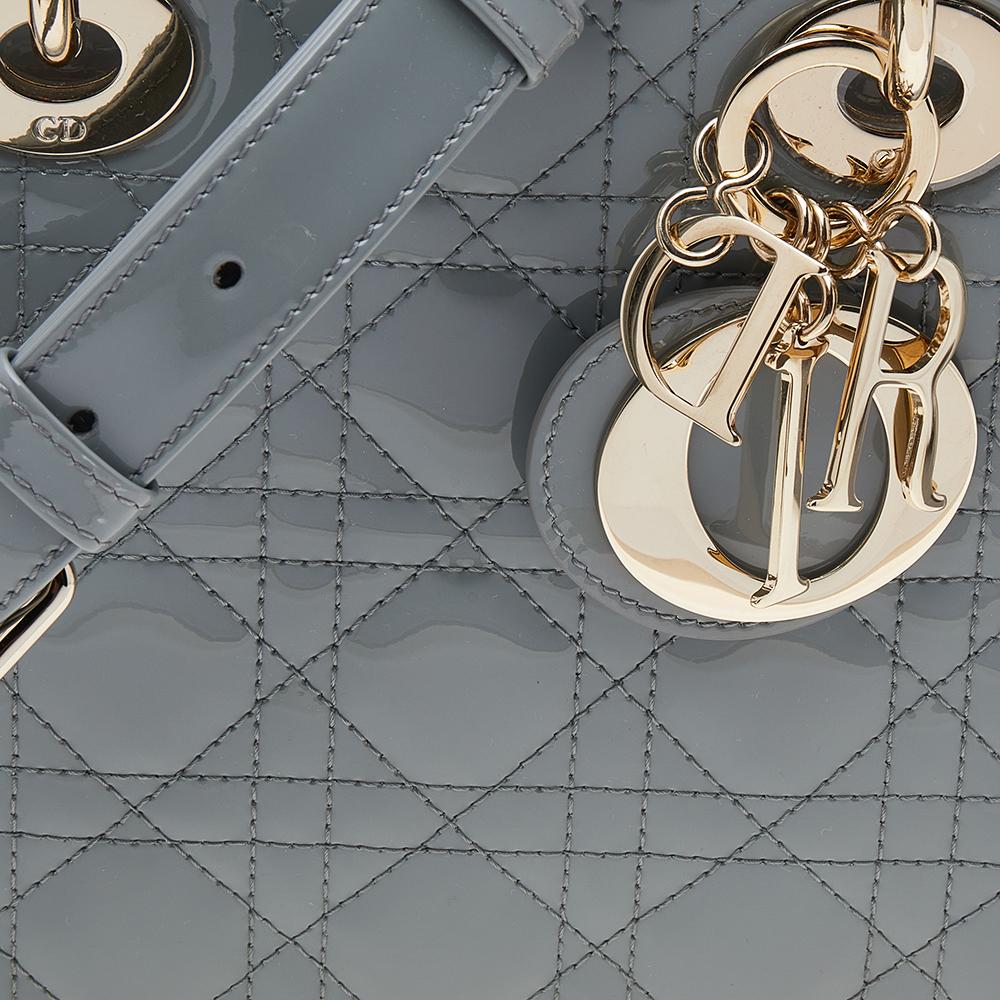 Dior Grey Cannage Quilted Patent Leather Small Lady Dior Bag In New Condition In Dubai, Al Qouz 2