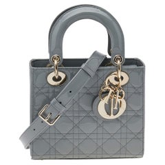 Dior Grey Cannage Quilted Patent Leather Small Lady Dior Bag