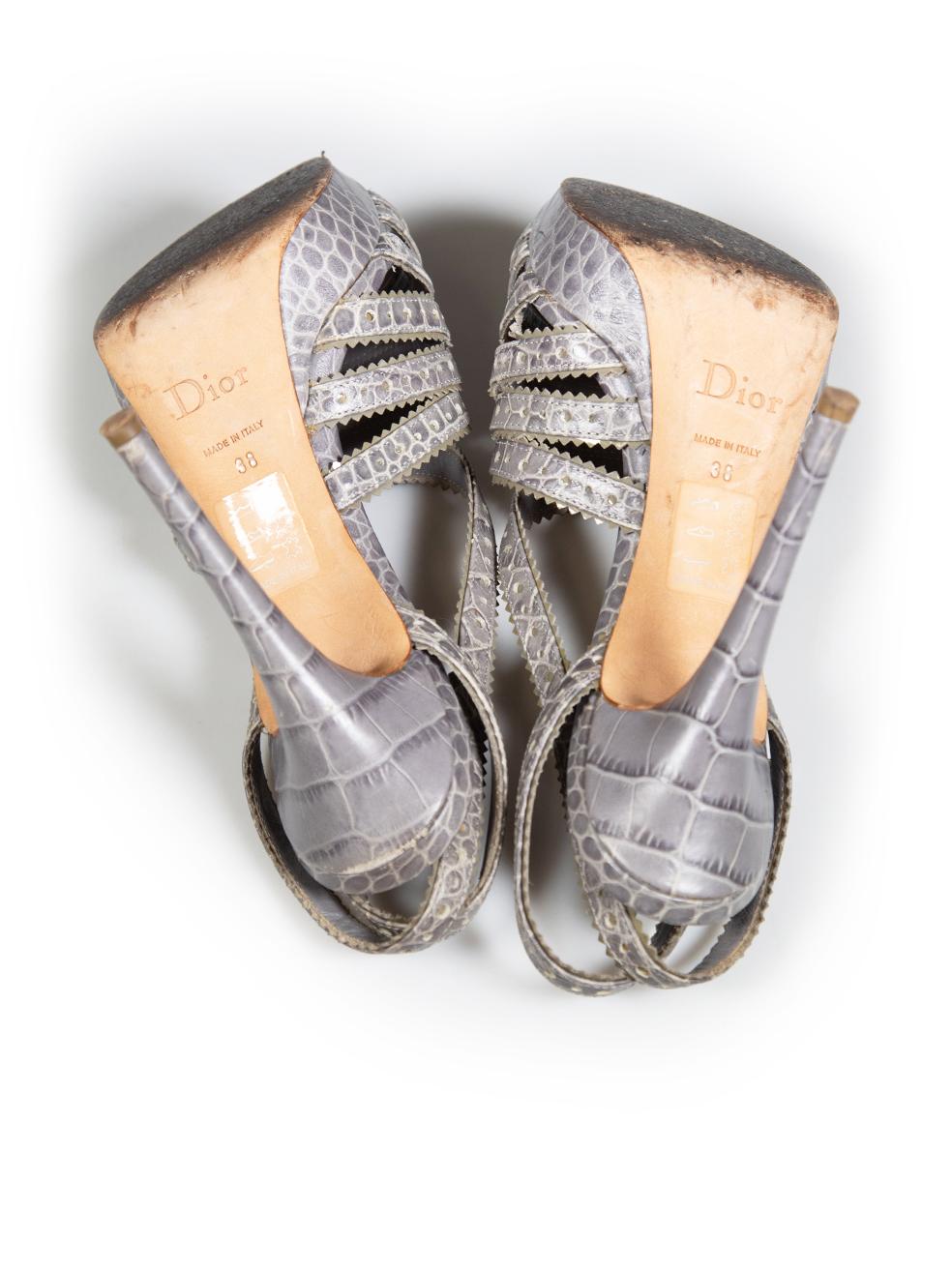 Dior Grey Croc Embossed Platform Strap Sandals Size IT 38 In Good Condition In London, GB