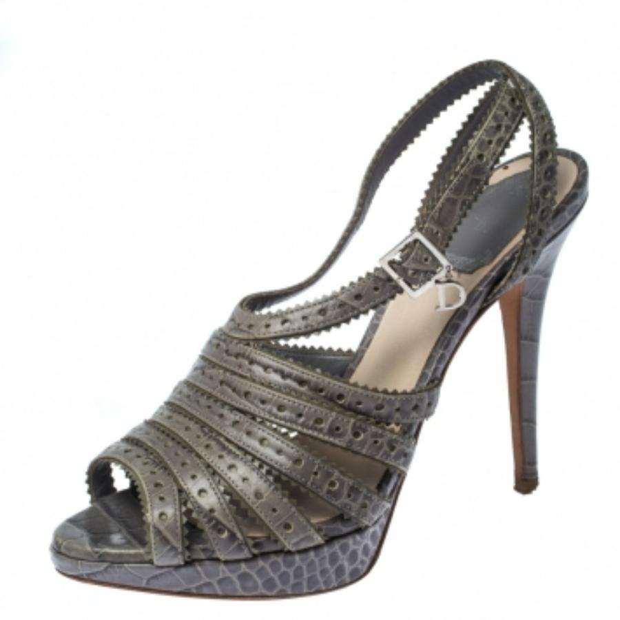 Dior Grau Krokodil Bonnie Riemchen Peep Toe Plateau Sandalen Größe 38.5 im Zustand „Relativ gut“ im Angebot in Dubai, Al Qouz 2