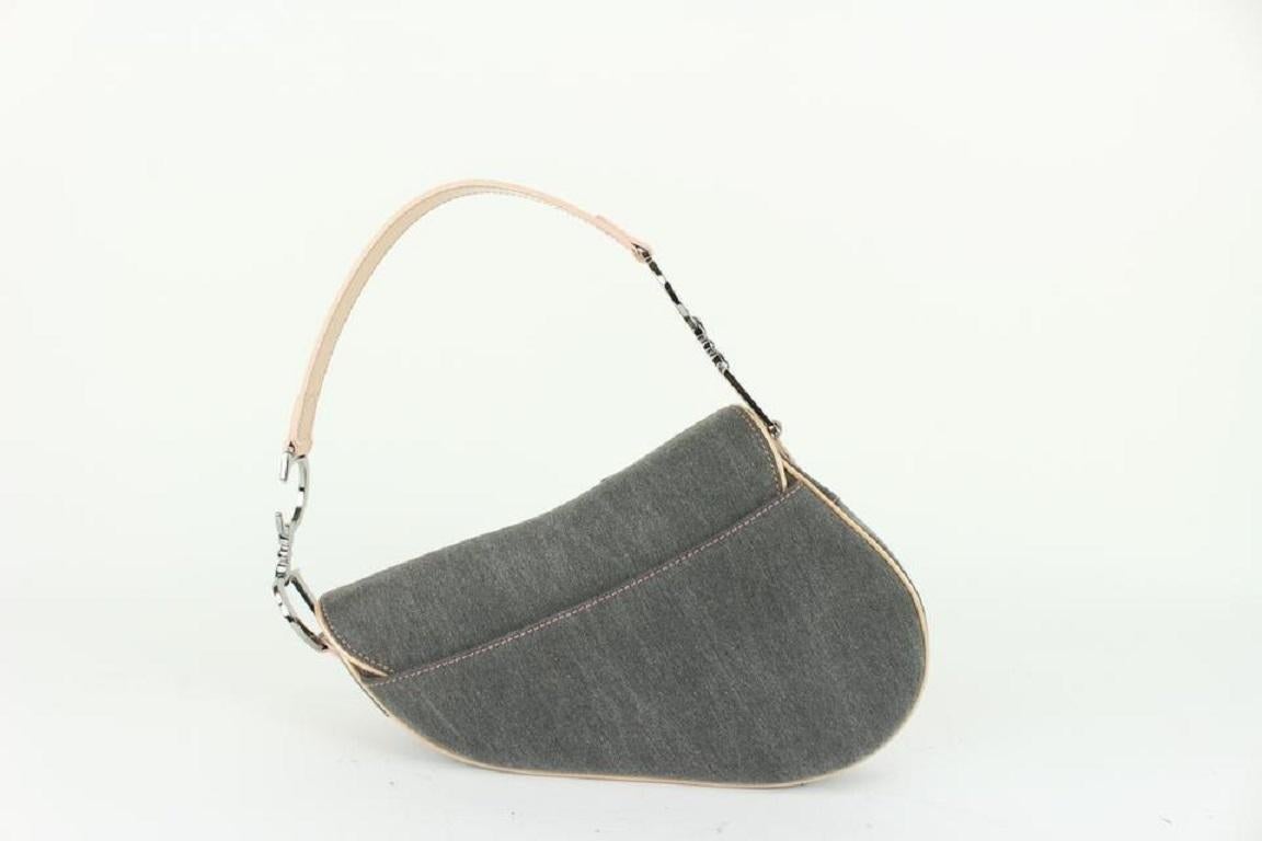 Dior Grey Denim Saddle Bag with Pink Trim 830da26 In Good Condition In Dix hills, NY