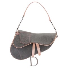 Vintage Dior Grey Denim Saddle Bag with Pink Trim 830da26