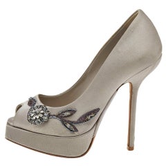 Dior Grey Embellished Satin Peep Toe Platform Pumps Size 35