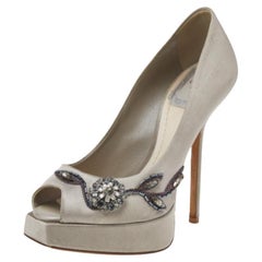 Dior Gris Satin Embelli Peep Toe Platform Pumps Size 35