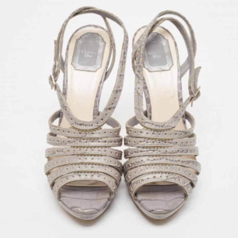 Dior - Sandali con zeppa di coccodrillo in rilievo grigio taglia 40 in vendita 1