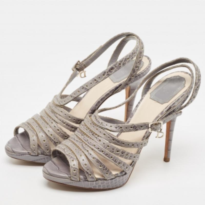 Dior - Sandali con zeppa di coccodrillo in rilievo grigio taglia 40 in vendita 3