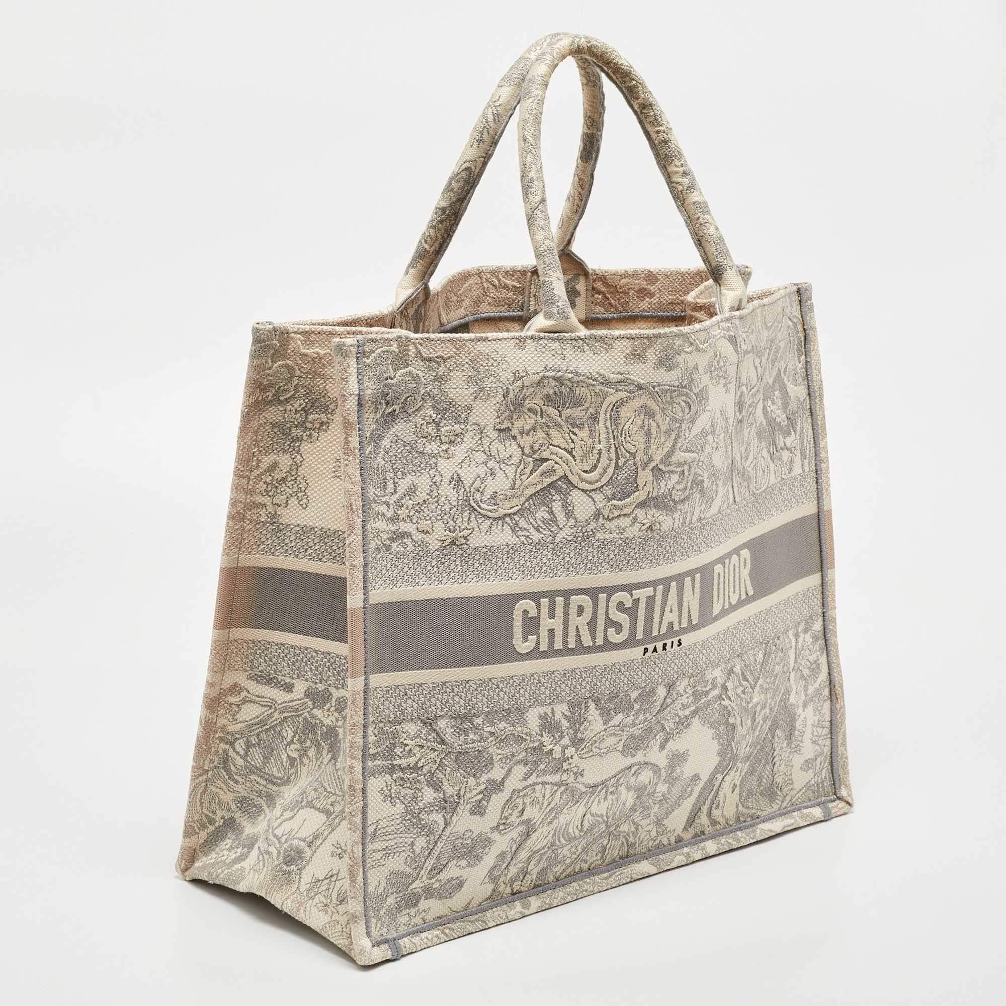 Brown Dior Grey Embroidered Canvas Large Toile de Jouy Book Tote For Sale