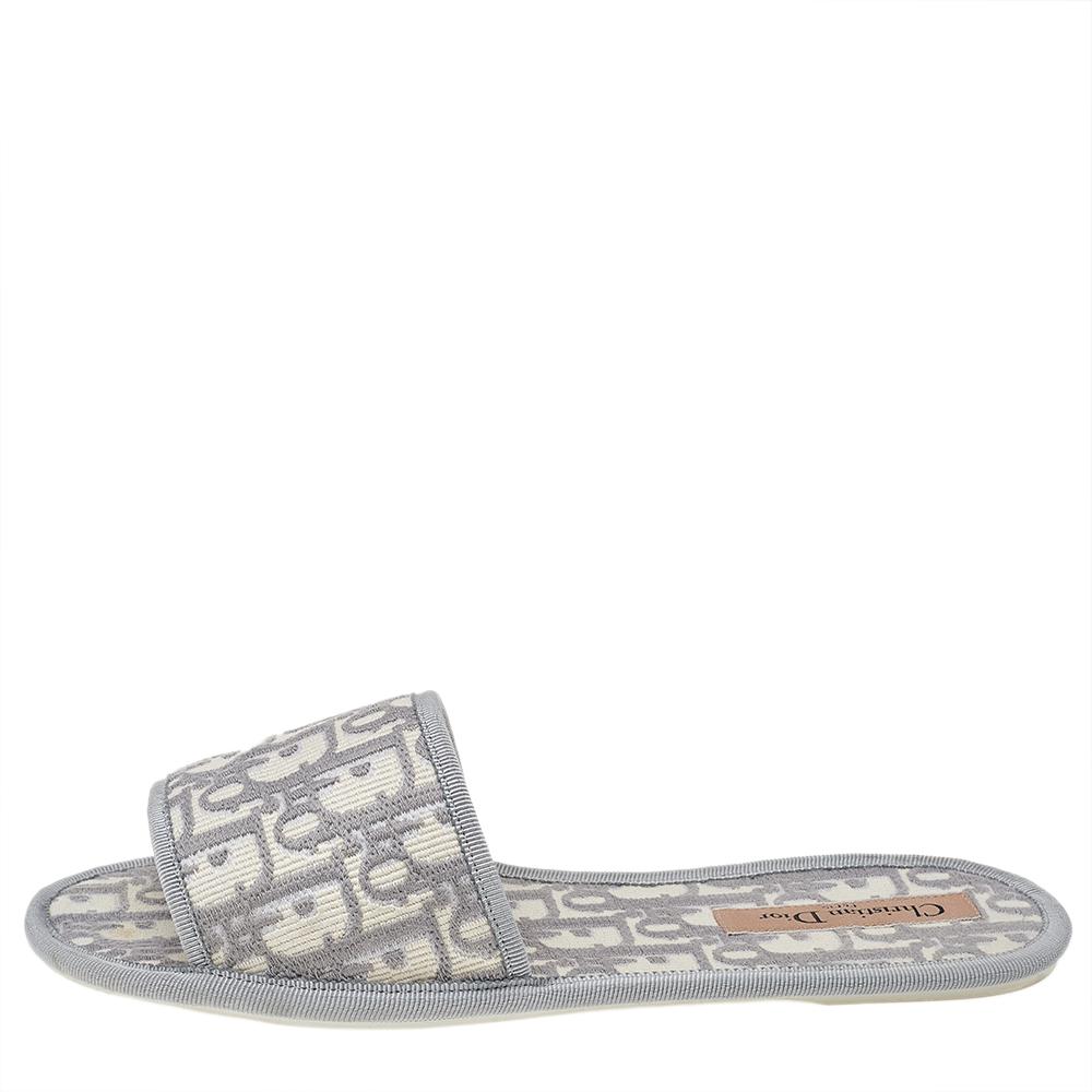 Gray Dior Grey Fabric Oblique Chez Moi Flat Slide Sandals 37.5