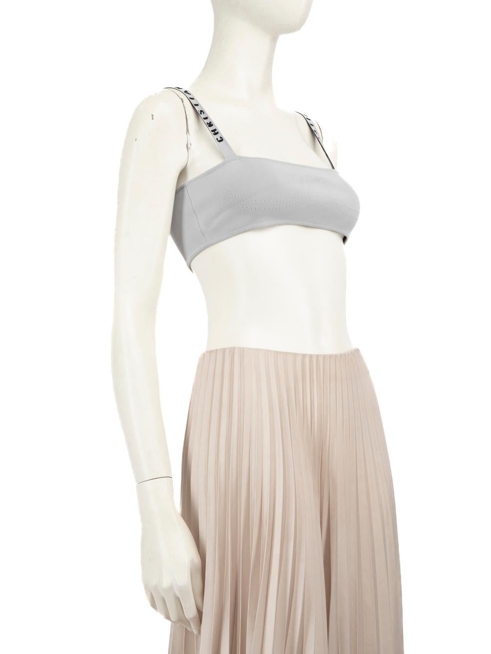 CONDITION is Never worn. No visible wear to the top is evident on this new Dior designer resale item.
 Details
 Model: J'adior
 Grey
 Viscose
 Bralette top
 Stretchy
 Sleeveless
 Cross strap
 Embroidered brand name on straps
 
 
 Made in Italy
 
