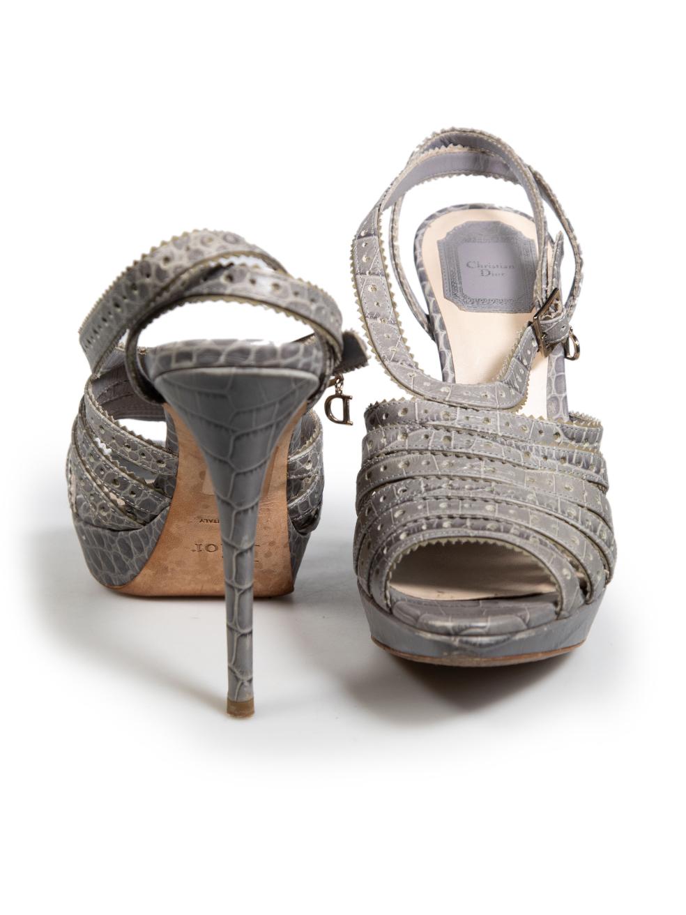 Gray Dior Grey Leather Croc Embossed Platform Sandals Size IT 39
