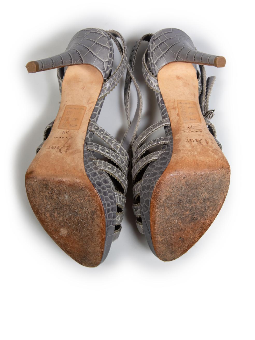 Dior Grey Leather Croc Embossed Platform Sandals Size IT 39 In Good Condition In London, GB