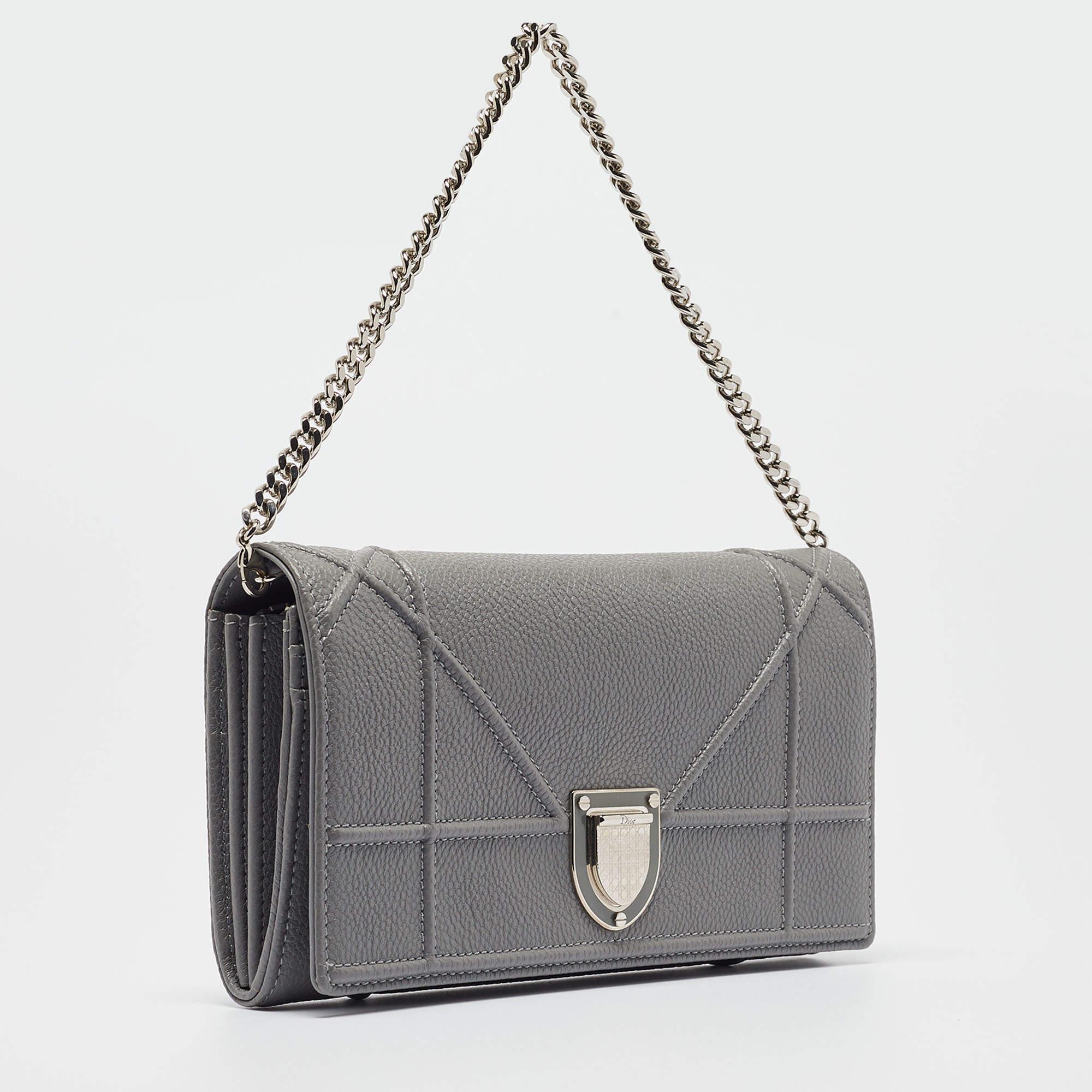 Gray Dior Grey Leather Diorama Wallet on Chain