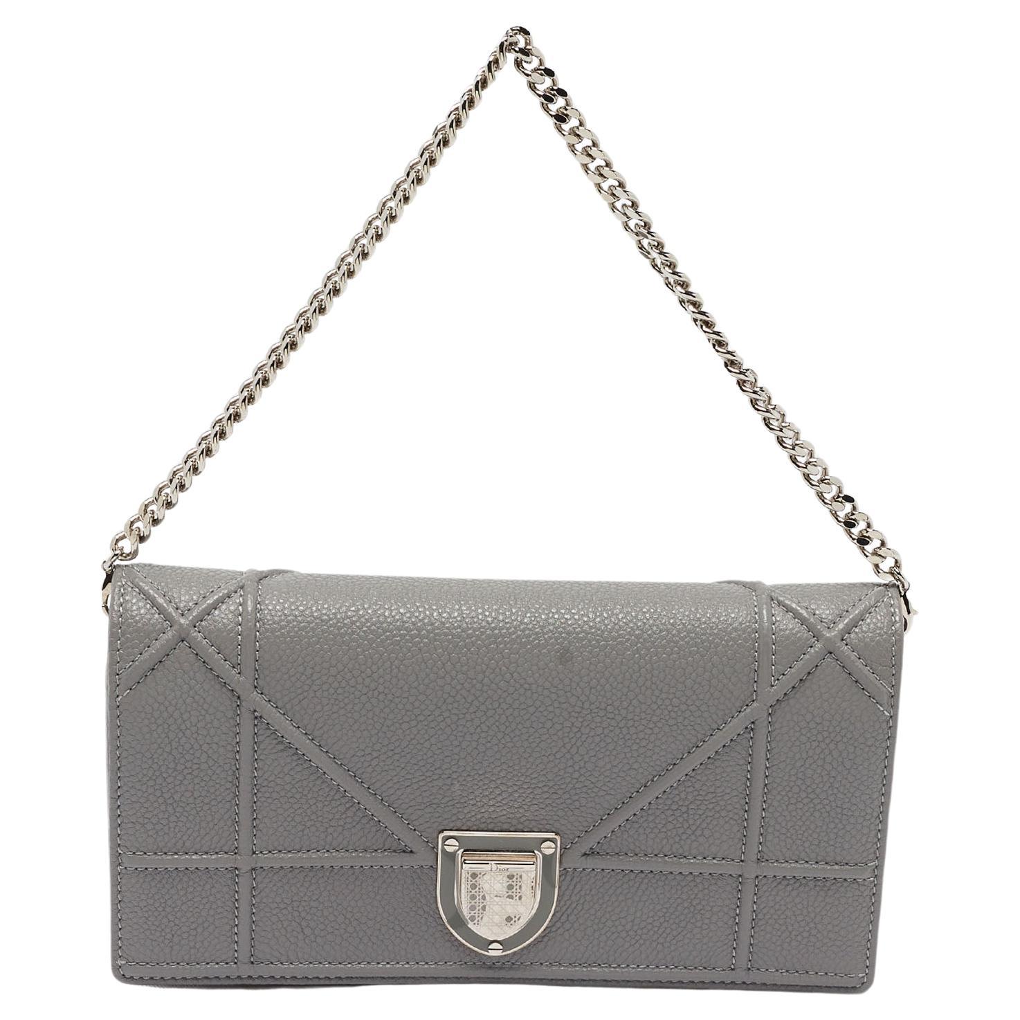 Dior Grey Leather Diorama Wallet on Chain For Sale