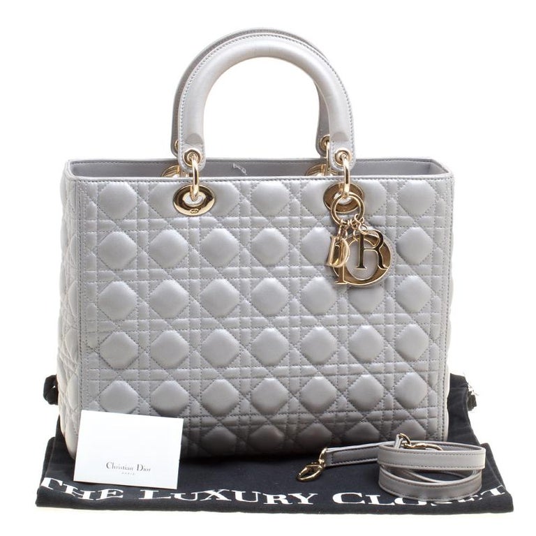 Dior Grey Leather Large Lady Dior Top Handle Bag For Sale at 1stDibs