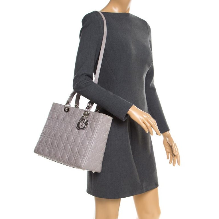Dior Grey Leather Large Lady Dior Top Handle Bag For Sale at 1stDibs