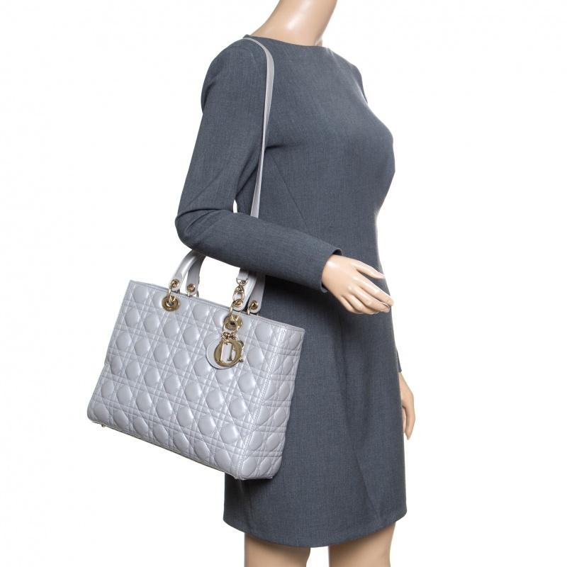 Gray Dior Grey Leather Large Lady Dior Top Handle Bag