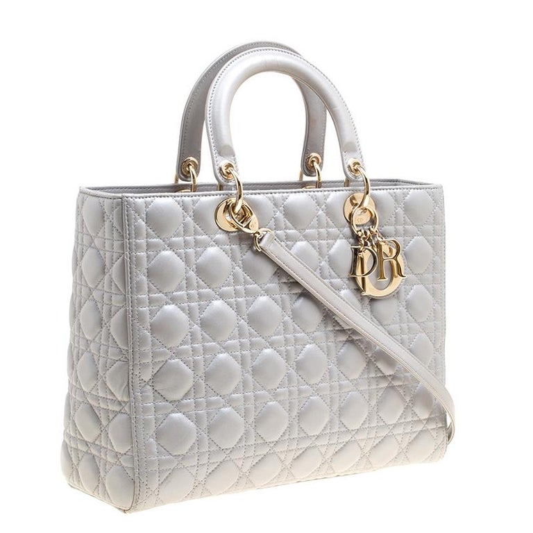 Dior Grey Leather Large Lady Dior Top Handle Bag For Sale at 1stDibs