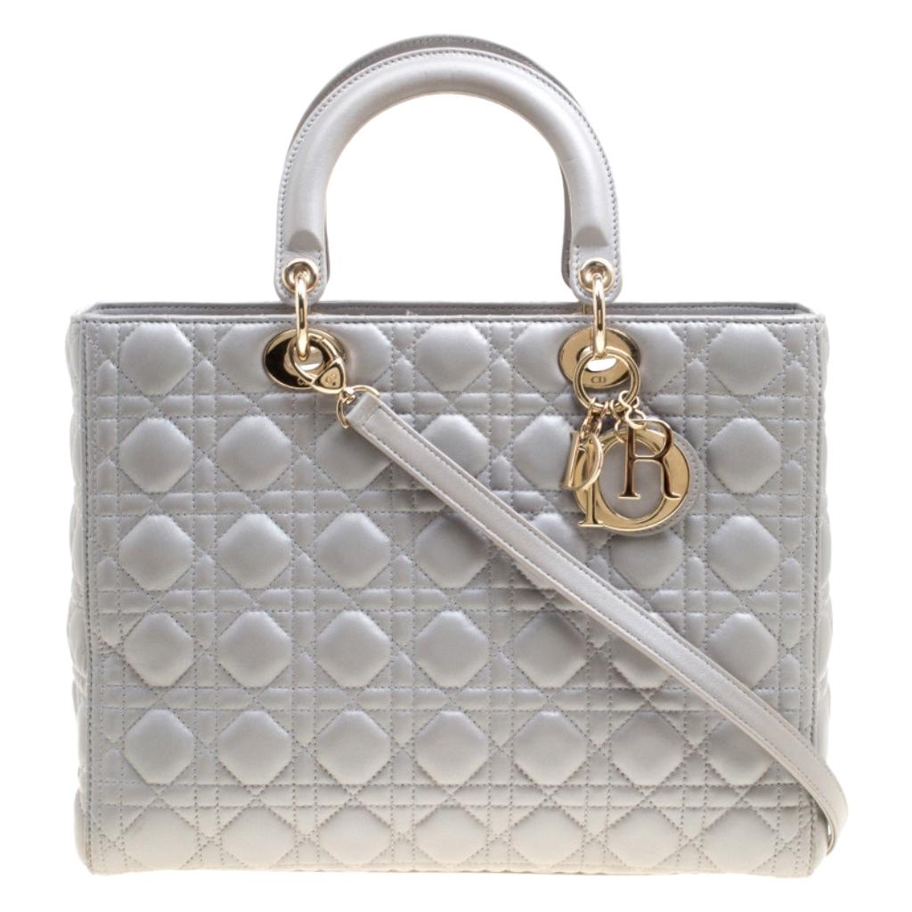 Dior Grey Leather Large Lady Dior Top Handle Bag