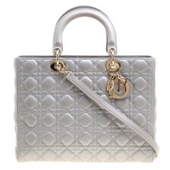 Dior Grey Leather Large Lady Dior Top Handle Bag