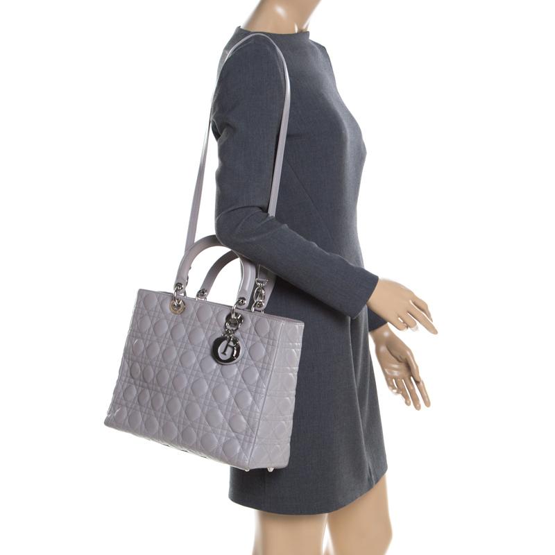 Gray Dior Grey Leather Large Lady Dior Tote