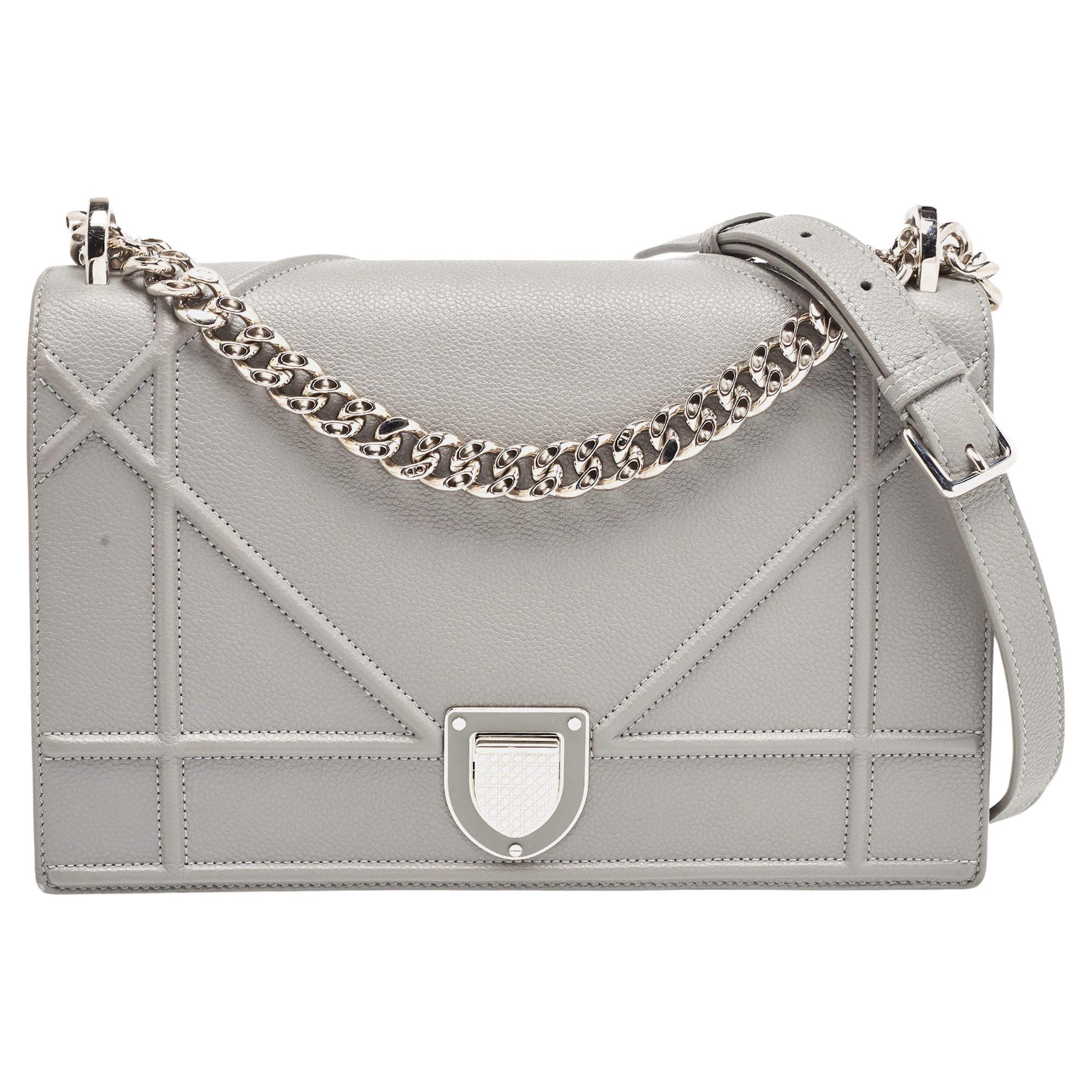 Dior Grey Leather Medium Diorama Flap Shoulder Bag For Sale