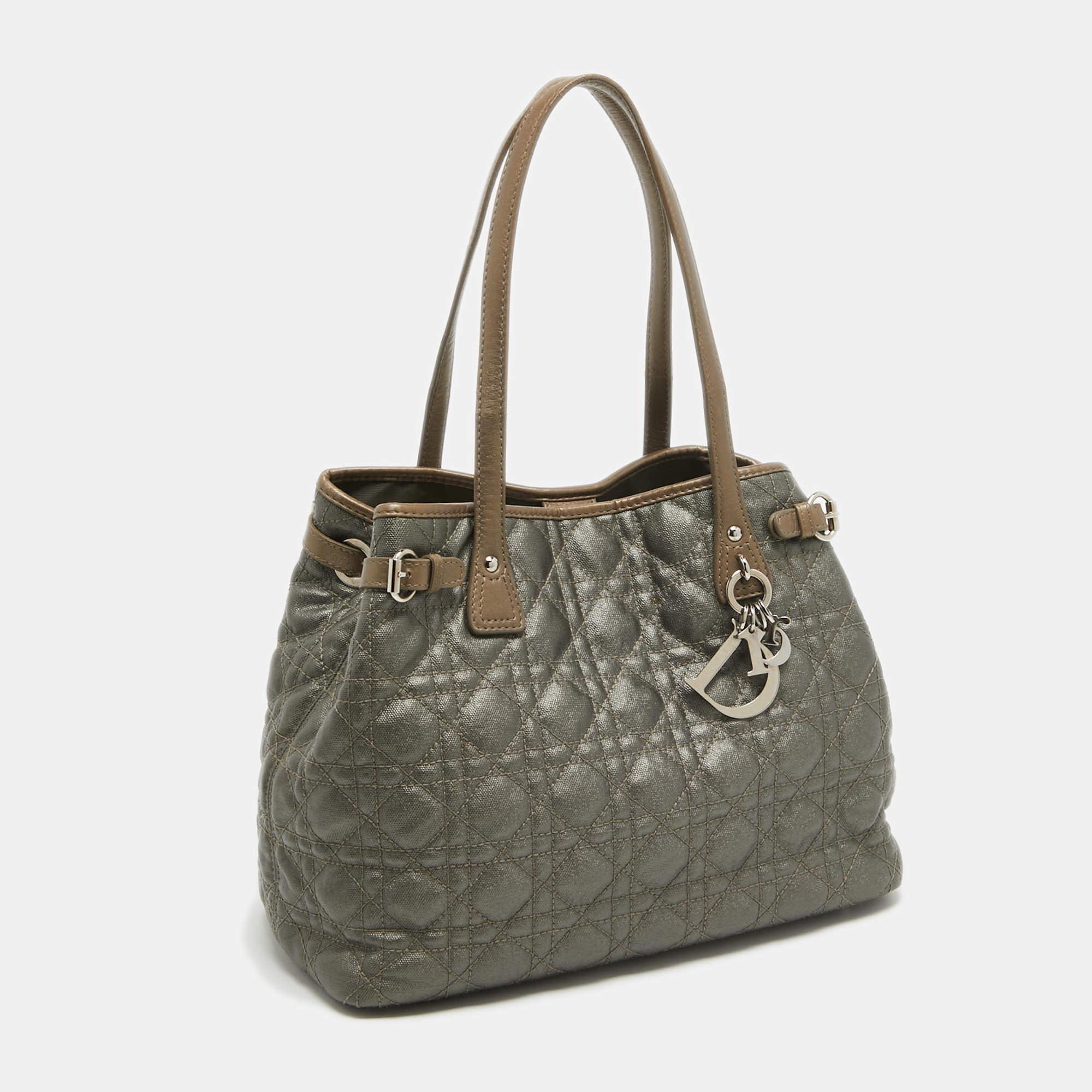 Dior Grey/Metallic Brown Coated Canvas and Leather Small Panarea Tote For Sale 13
